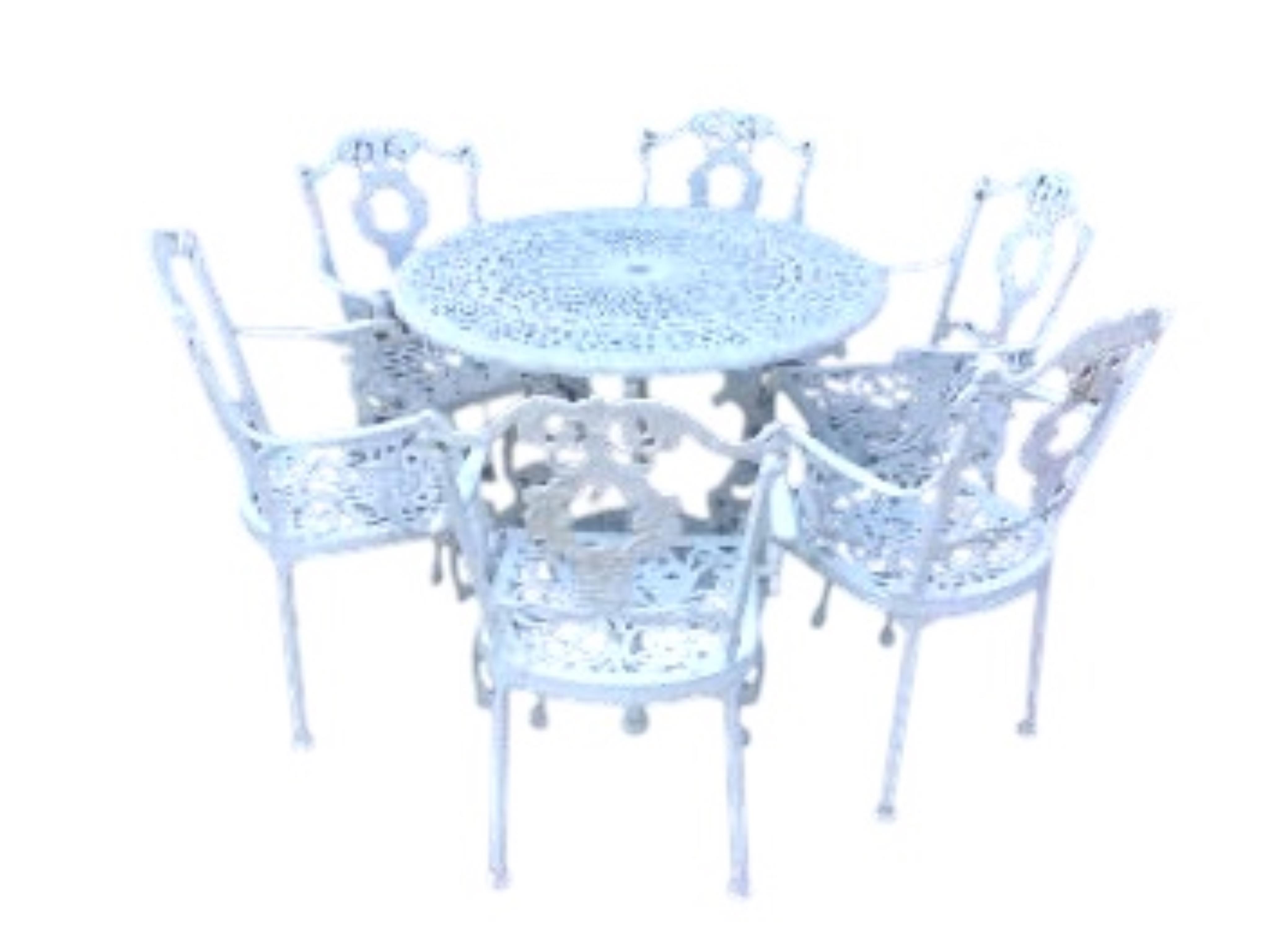 A Victorian style white painted circular aluminium garden table, diameter 90cm, height 72cm and six matching elbow chairs